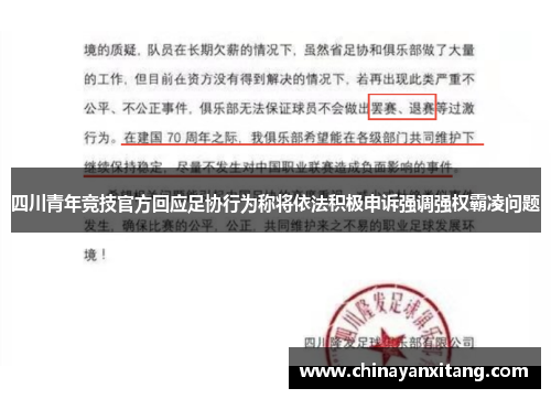 四川青年竞技官方回应足协行为称将依法积极申诉强调强权霸凌问题