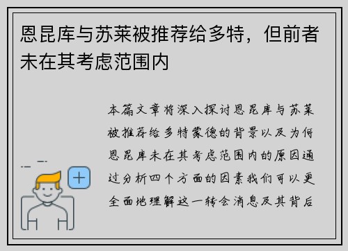 恩昆库与苏莱被推荐给多特，但前者未在其考虑范围内