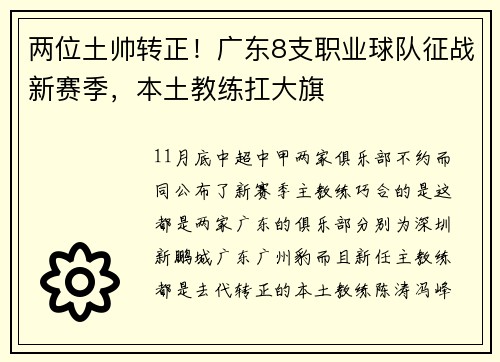 两位土帅转正！广东8支职业球队征战新赛季，本土教练扛大旗
